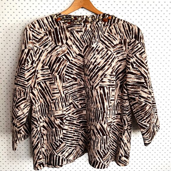 Chicos Beaded Dinner Jacket L 1 Brown Tan Resort Cruise Cocktail Holiday Glam - Picture 4 of 7